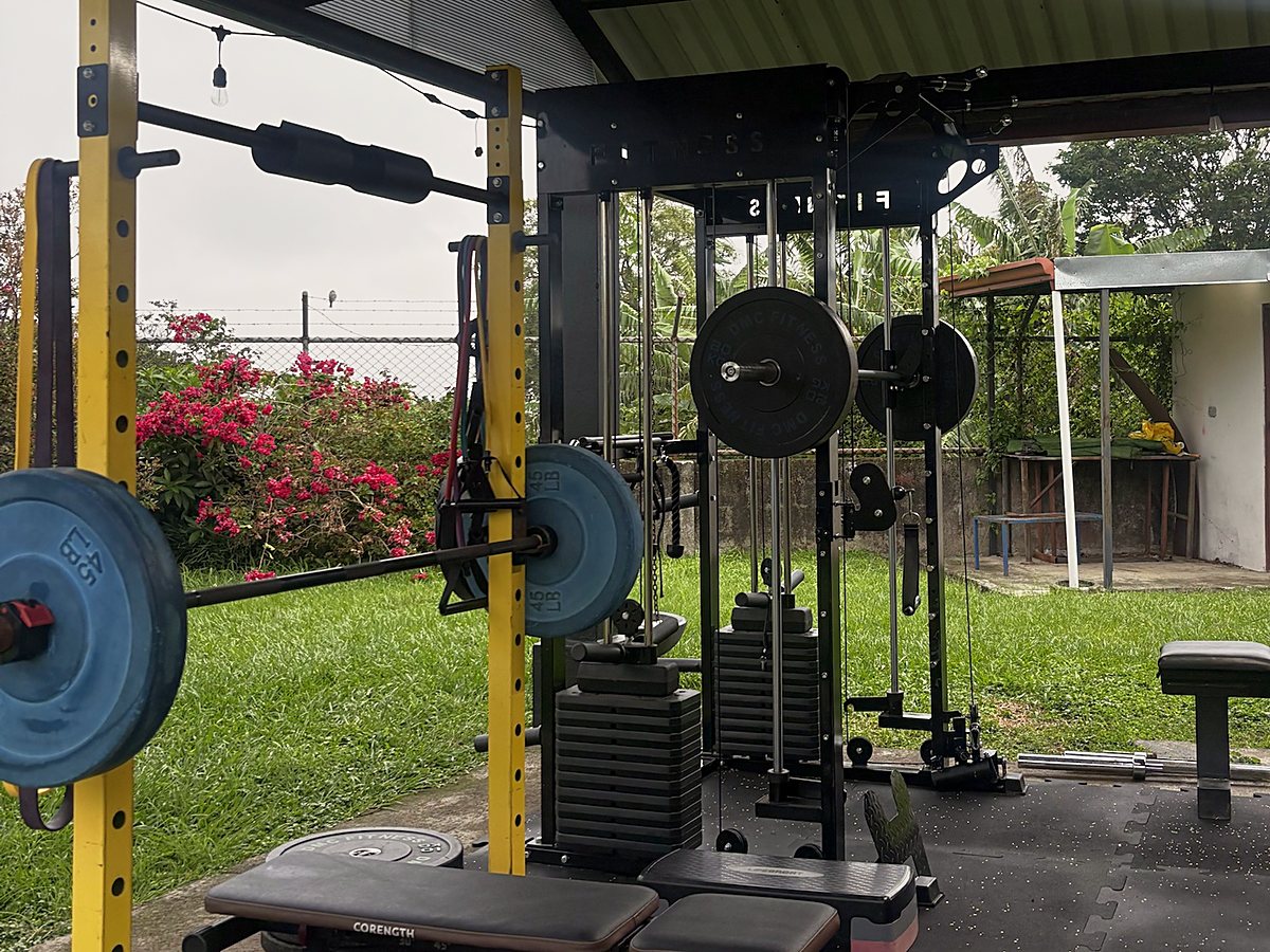 Rack de sentadillas y estación de poleas junto al jardín